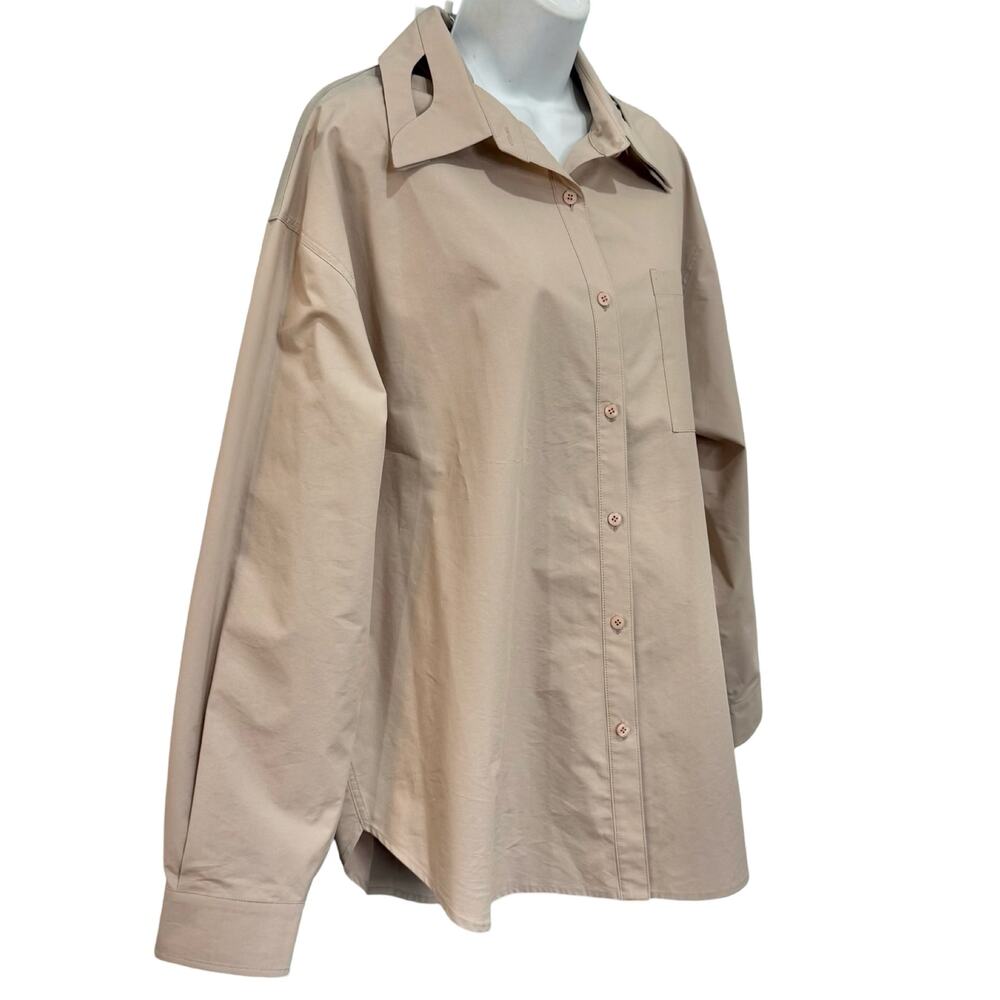 Moonlee Beige Collared Cut Out Button Up Blouse Oversize Top Size L NEW Tags - Picture 6 of 13